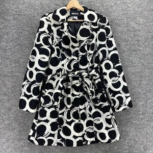 MetroStyle Coat Women 8 Black Geometric Collared Belted Long Sleeve Button Lined